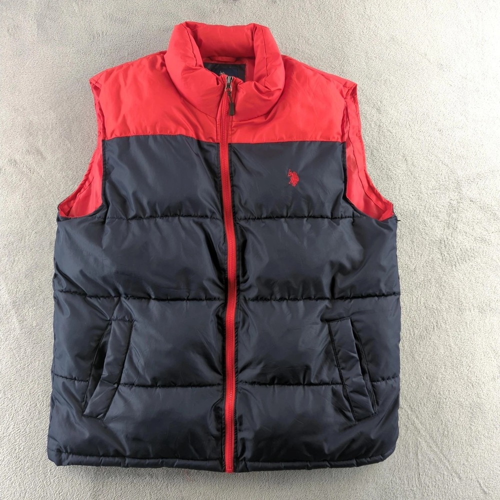 U.S. Polo Assn. Puffer Vest Jacket Mens XL Blue Red Full Zip Coat Polyester Logo
